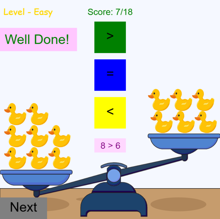 Juego de matemáticas: Mayor, menor o igual que: objetos